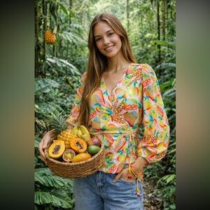 Anthropologie NWT Farm Rio Rainforest Tropical Fruits Wrap Blouse Size S.